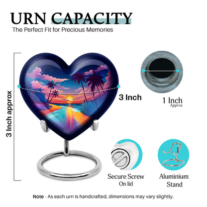 Indigo Beach Cremation Urn front view showing detailed design - heart-shaped beach design symbolizing eternal love - mini keepsake memorial for portion of cremation ashes