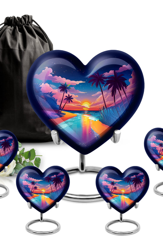 Serene Blue Beach Cremation Urn close-up of engraving and surface detail - compassionate heart-beach combination with gentle curves - memorial set with one large and four small urns