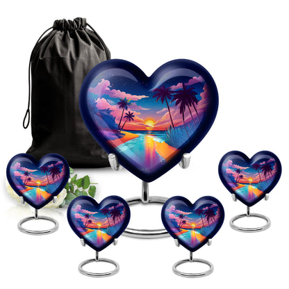 Serene Blue Beach Cremation Urn close-up of engraving and surface detail - compassionate heart-beach combination with gentle curves - memorial set with one large and four small urns