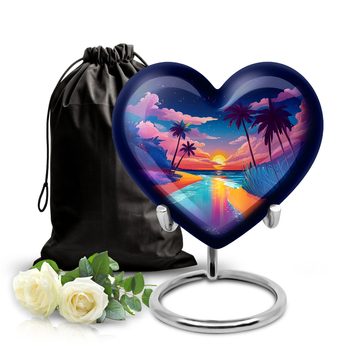 Serene Blue Beach Cremation Urn detail view - romantic heart urn with beach motif on aluminum - full-size 10 inch 200 cubic inch adult cremation urn