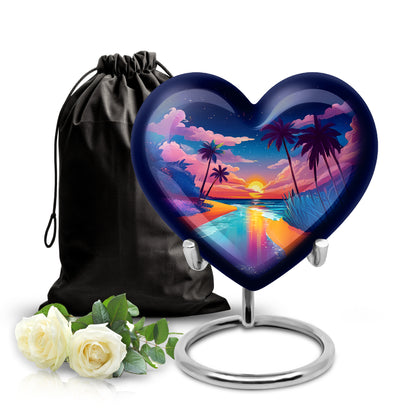 Serene Blue Beach Cremation Urn detail view - romantic heart urn with beach motif on aluminum - full-size 10 inch 200 cubic inch adult cremation urn