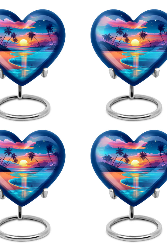 Cobalt Blue Beach Cremation Urn angled view of lid and engraved motif - compassionate heart-beach combination with gentle curves - 10 inch aluminum urn for cremated remains