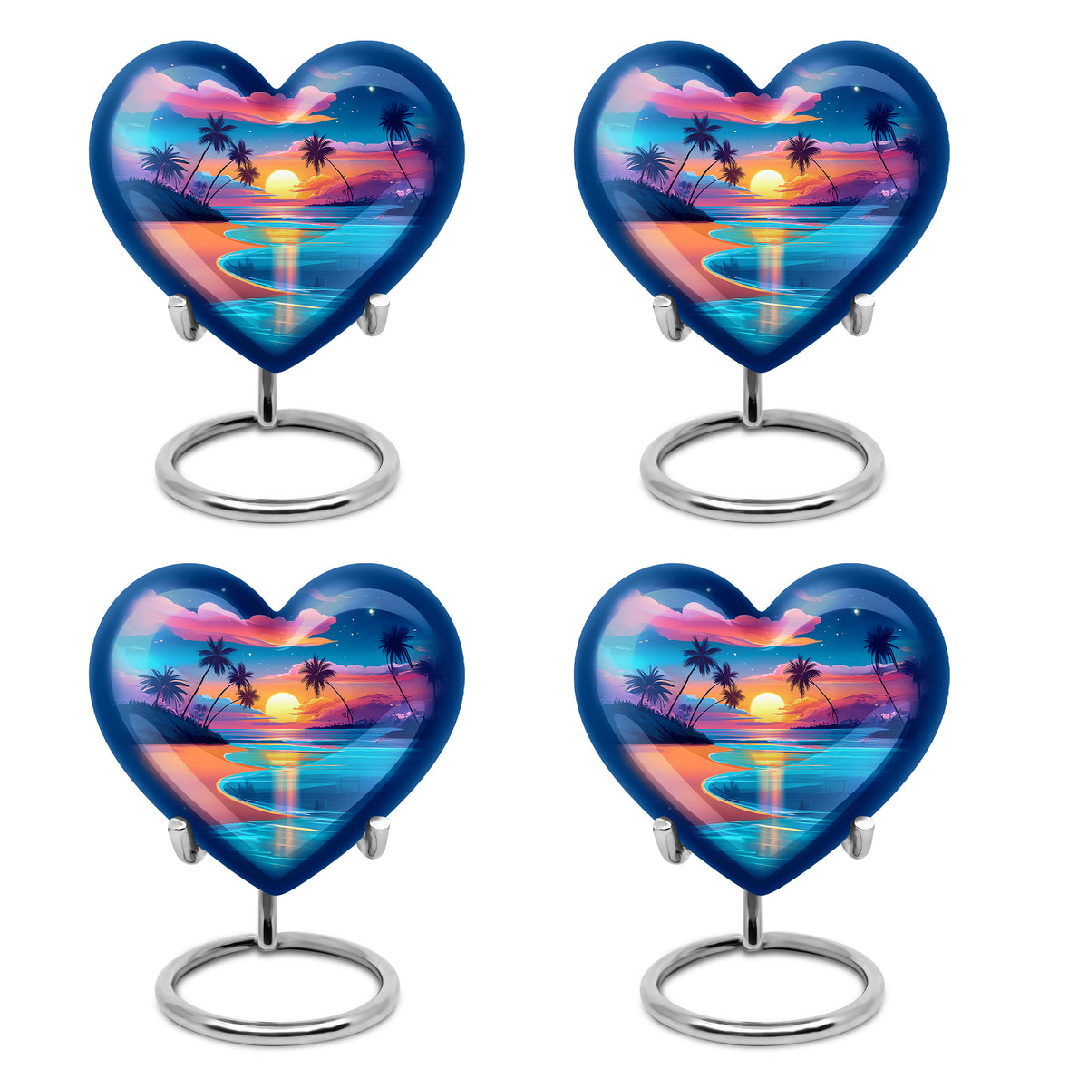 Cobalt Blue Beach Cremation Urn angled view of lid and engraved motif - compassionate heart-beach combination with gentle curves - 10 inch aluminum urn for cremated remains
