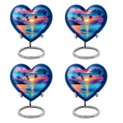 Cobalt Blue Beach Cremation Urn angled view of lid and engraved motif - compassionate heart-beach combination with gentle curves - 10 inch aluminum urn for cremated remains