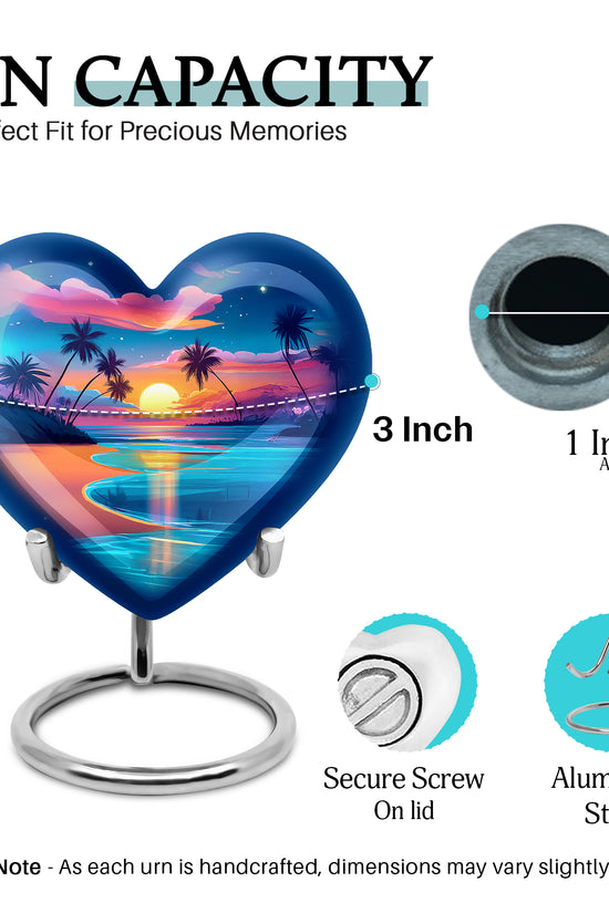 Calming Blue Beach Cremation Urn front view showing detailed design - compassionate heart-beach combination with gentle curves - mini keepsake memorial for portion of cremation ashes