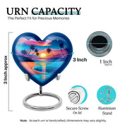 Calming Blue Beach Cremation Urn front view showing detailed design - compassionate heart-beach combination with gentle curves - mini keepsake memorial for portion of cremation ashes