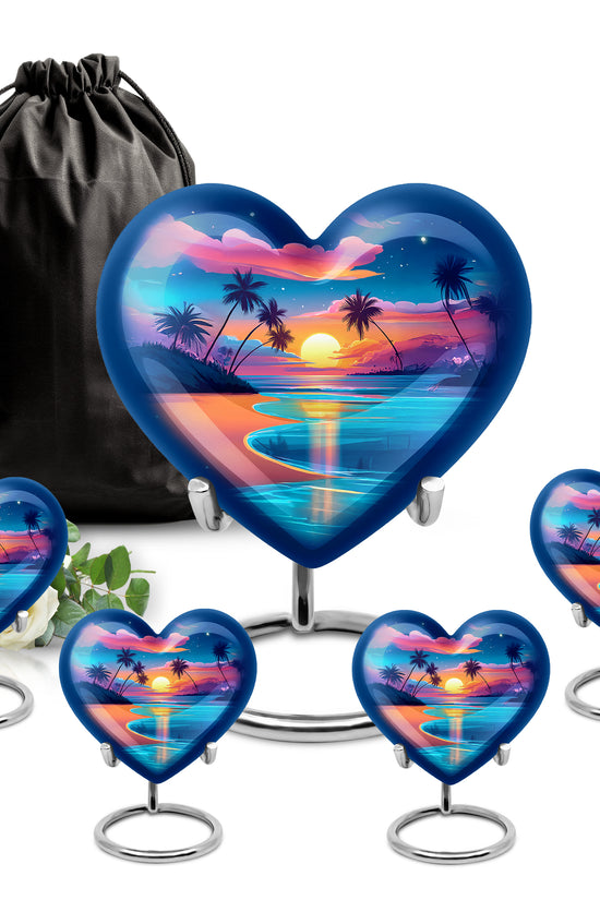 Azure Beach Cremation Urn close-up of engraving and surface detail - heart-shaped beach design symbolizing eternal love - memorial set with one large and four small urns
