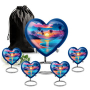 Azure Beach Cremation Urn close-up of engraving and surface detail - heart-shaped beach design symbolizing eternal love - memorial set with one large and four small urns