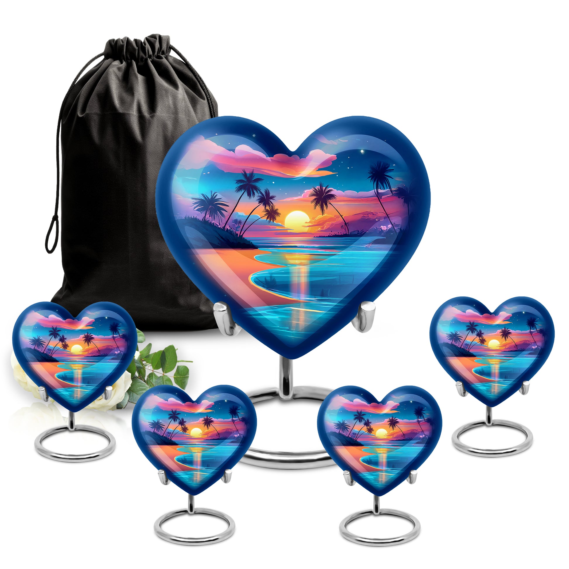 Azure Beach Cremation Urn close-up of engraving and surface detail - heart-shaped beach design symbolizing eternal love - memorial set with one large and four small urns