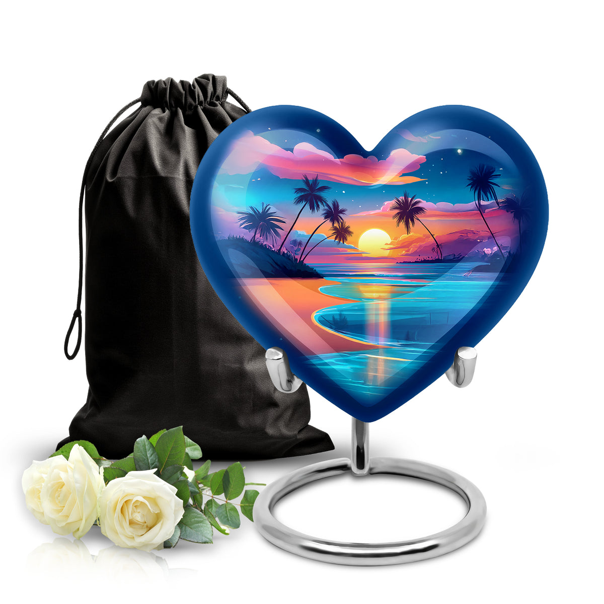 Powder Blue Beach Cremation Urn detail view - heart-shaped beach design symbolizing eternal love - full-size 10 inch 200 cubic inch adult cremation urn