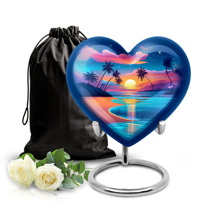 Powder Blue Beach Cremation Urn detail view - heart-shaped beach design symbolizing eternal love - full-size 10 inch 200 cubic inch adult cremation urn