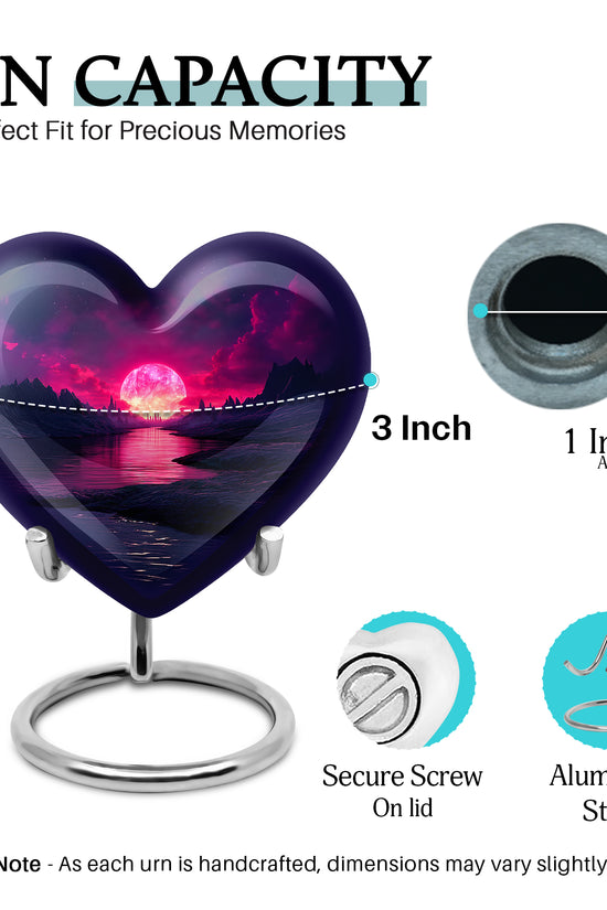 Powder Blue Beach Cremation Urn front view showing detailed design - heart-shaped beach design symbolizing eternal love - mini keepsake memorial for portion of cremation ashes
