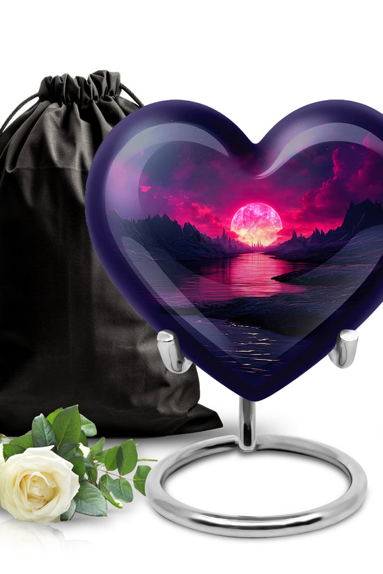 Navy Blue Beach Cremation Urn detail view - loving heart memorial featuring beach pattern - full-size 10 inch 200 cubic inch adult cremation urn