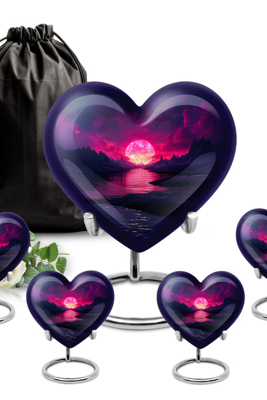 Slate Blue Beach Cremation Urn close-up of engraving and surface detail - loving heart memorial featuring beach pattern - memorial set with one large and four small urns