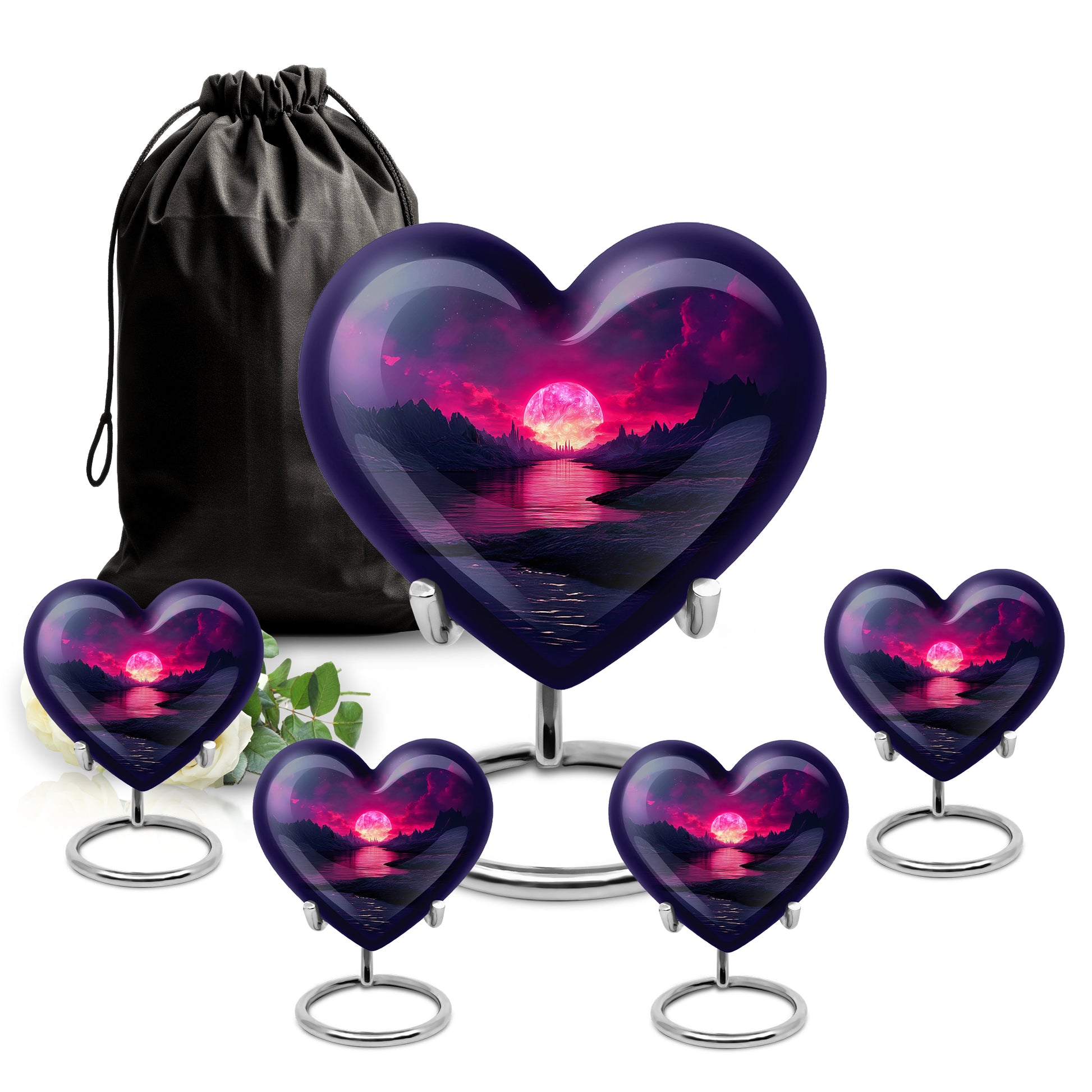 Slate Blue Beach Cremation Urn close-up of engraving and surface detail - loving heart memorial featuring beach pattern - memorial set with one large and four small urns