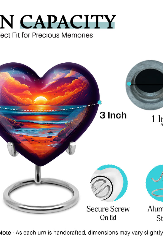 Cornflower Blue Beach Cremation Urn front view showing detailed design - romantic heart urn with beach motif on aluminum - mini keepsake memorial for portion of cremation ashes