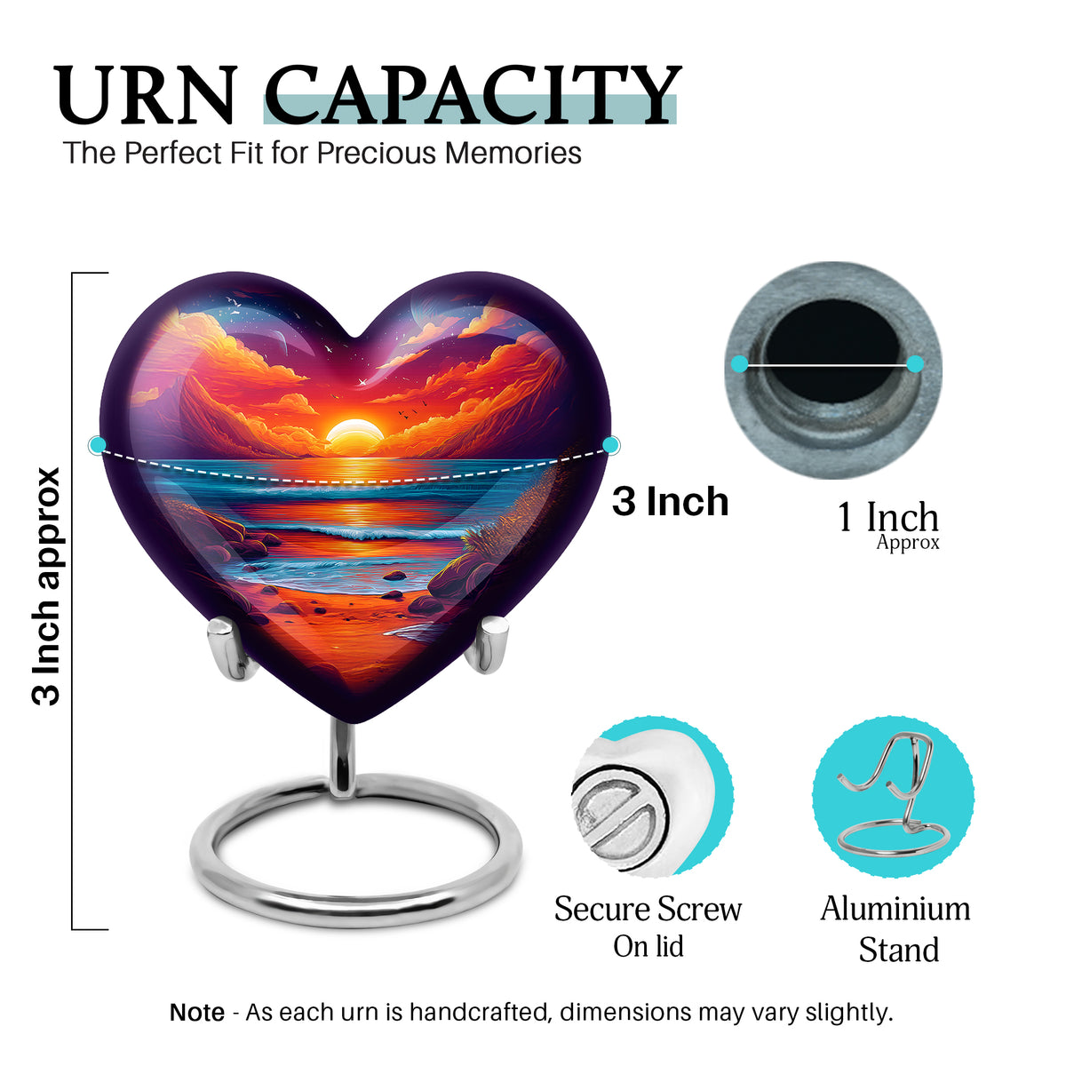 Cornflower Blue Beach Cremation Urn front view showing detailed design - romantic heart urn with beach motif on aluminum - mini keepsake memorial for portion of cremation ashes
