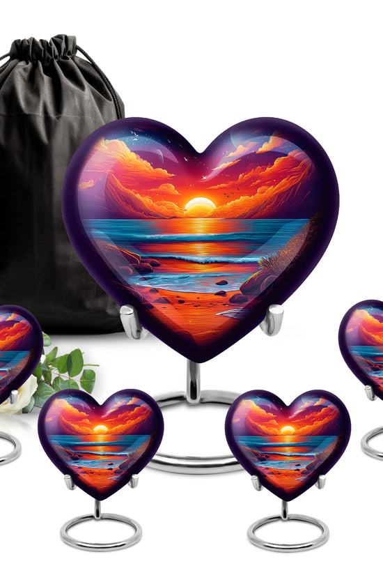 Sapphire Blue Beach Cremation Urn close-up of engraving and surface detail - compassionate heart-beach combination with gentle curves - memorial set with one large and four small urns