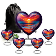 Sapphire Blue Beach Cremation Urn close-up of engraving and surface detail - compassionate heart-beach combination with gentle curves - memorial set with one large and four small urns