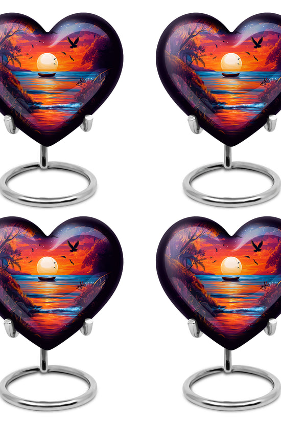 Slate Blue Beach Cremation Urn angled view of lid and engraved motif - loving heart memorial featuring beach pattern - 10 inch aluminum urn for cremated remains