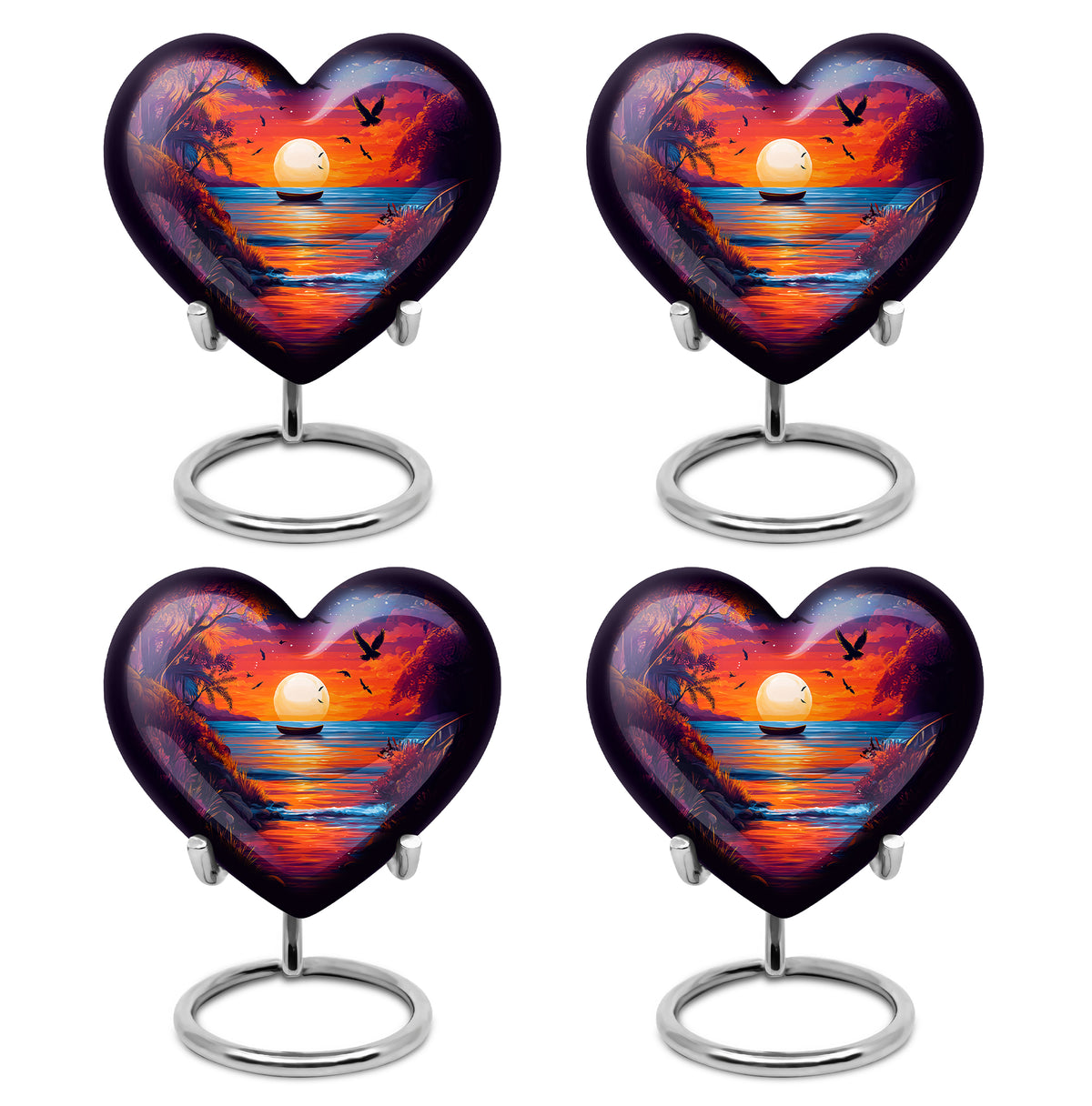 Slate Blue Beach Cremation Urn angled view of lid and engraved motif - loving heart memorial featuring beach pattern - 10 inch aluminum urn for cremated remains
