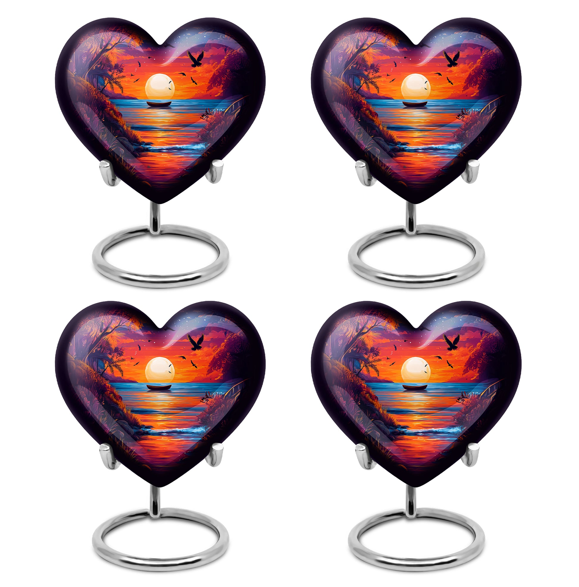 Slate Blue Beach Cremation Urn angled view of lid and engraved motif - loving heart memorial featuring beach pattern - 10 inch aluminum urn for cremated remains