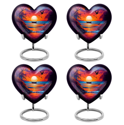 Slate Blue Beach Cremation Urn angled view of lid and engraved motif - loving heart memorial featuring beach pattern - 10 inch aluminum urn for cremated remains