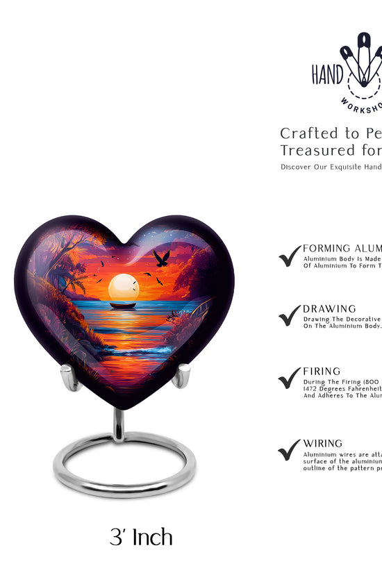 Dusty Blue Beach Cremation Urn front view showing detailed design - loving heart memorial featuring beach pattern - mini keepsake memorial for portion of cremation ashes