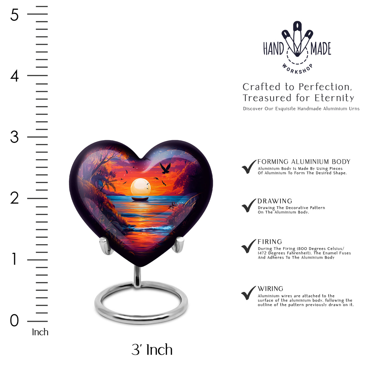 Dusty Blue Beach Cremation Urn front view showing detailed design - loving heart memorial featuring beach pattern - mini keepsake memorial for portion of cremation ashes