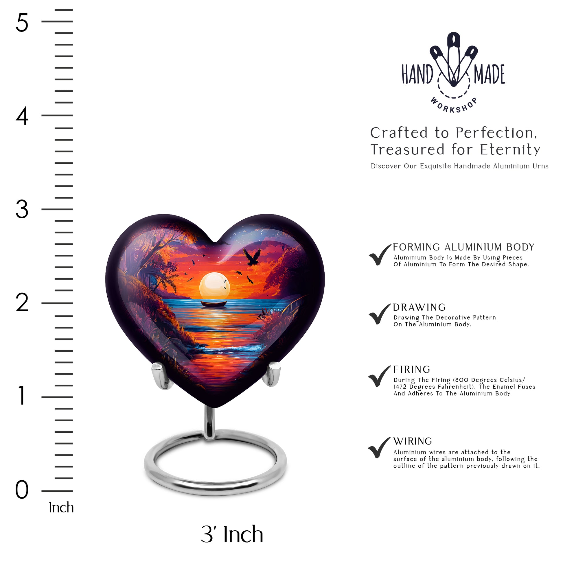 Dusty Blue Beach Cremation Urn front view showing detailed design - loving heart memorial featuring beach pattern - mini keepsake memorial for portion of cremation ashes