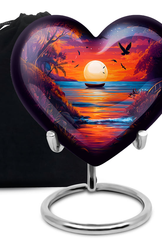Royal Blue Beach Cremation Urn detail view - romantic heart urn with beach motif on aluminum - full-size 10 inch 200 cubic inch adult cremation urn