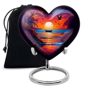 Royal Blue Beach Cremation Urn detail view - romantic heart urn with beach motif on aluminum - full-size 10 inch 200 cubic inch adult cremation urn