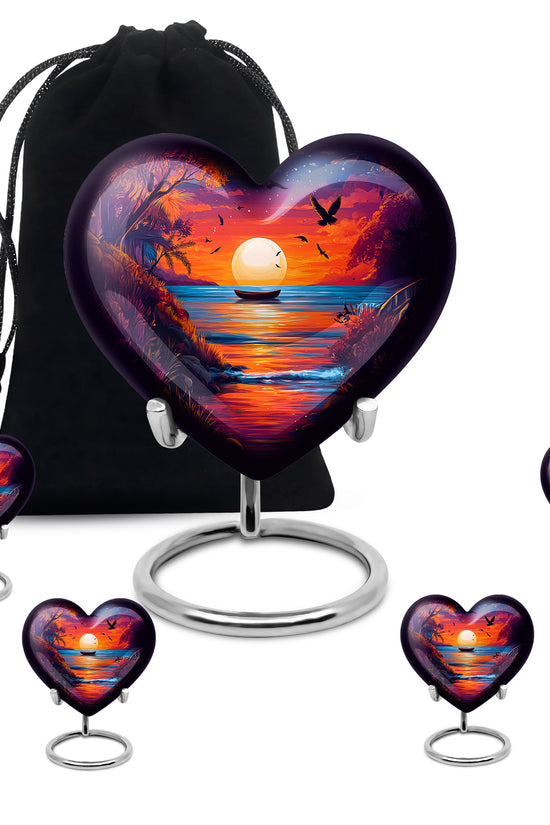 Azure Beach Cremation Urn close-up of engraving and surface detail - loving heart memorial featuring beach pattern - memorial set with one large and four small urns
