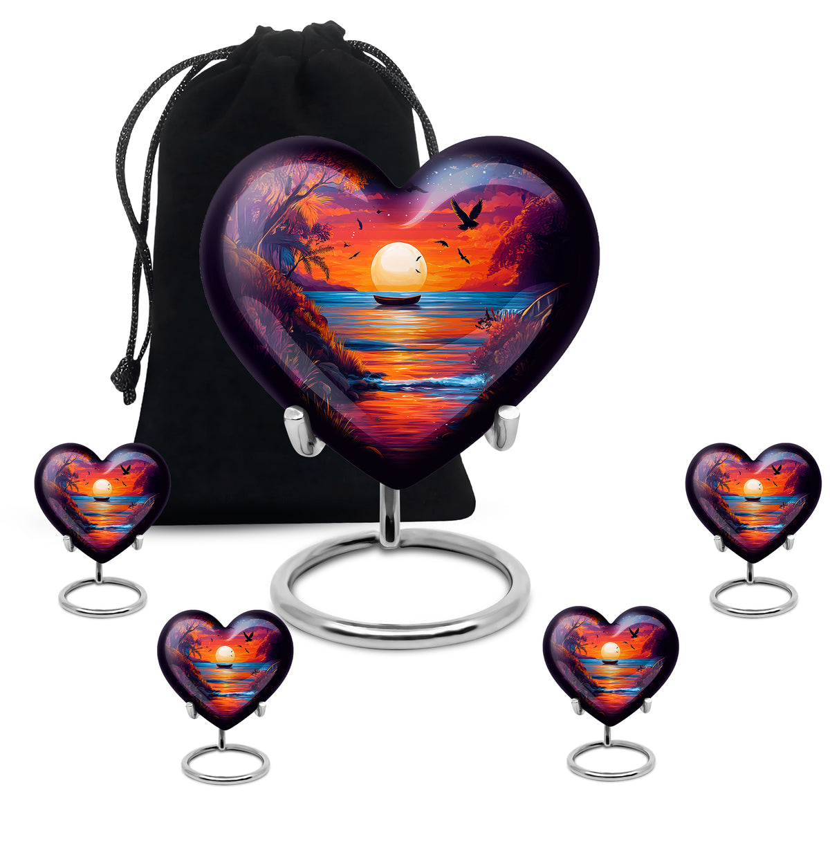 Azure Beach Cremation Urn close-up of engraving and surface detail - loving heart memorial featuring beach pattern - memorial set with one large and four small urns