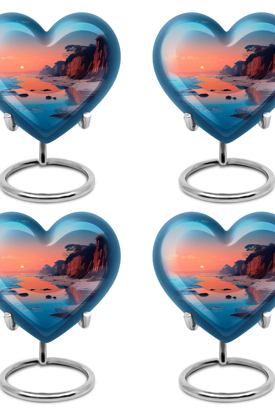 Sea Green Teal Beach Cremation Urn angled view of lid and engraved motif - heart-shaped beach design symbolizing eternal love - 10 inch aluminum urn for cremated remains