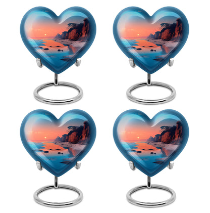 Sea Green Teal Beach Cremation Urn angled view of lid and engraved motif - heart-shaped beach design symbolizing eternal love - 10 inch aluminum urn for cremated remains