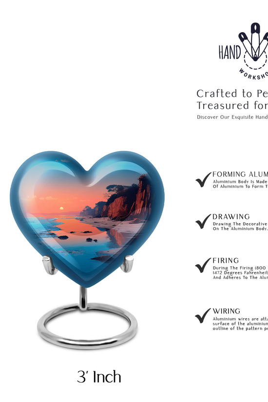 Sea Green Teal Beach Cremation Urn front view showing detailed design - loving heart memorial featuring beach pattern - mini keepsake memorial for portion of cremation ashes