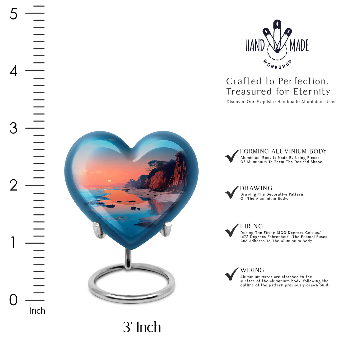 Sea Green Teal Beach Cremation Urn front view showing detailed design - loving heart memorial featuring beach pattern - mini keepsake memorial for portion of cremation ashes
