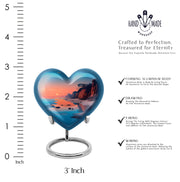 Sea Green Teal Beach Cremation Urn front view showing detailed design - loving heart memorial featuring beach pattern - mini keepsake memorial for portion of cremation ashes