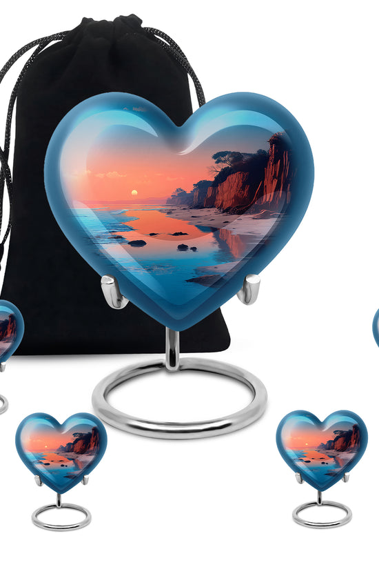 Deep Teal Beach Cremation Urn close-up of engraving and surface detail - romantic heart urn with beach motif on aluminum - memorial set with one large and four small urns