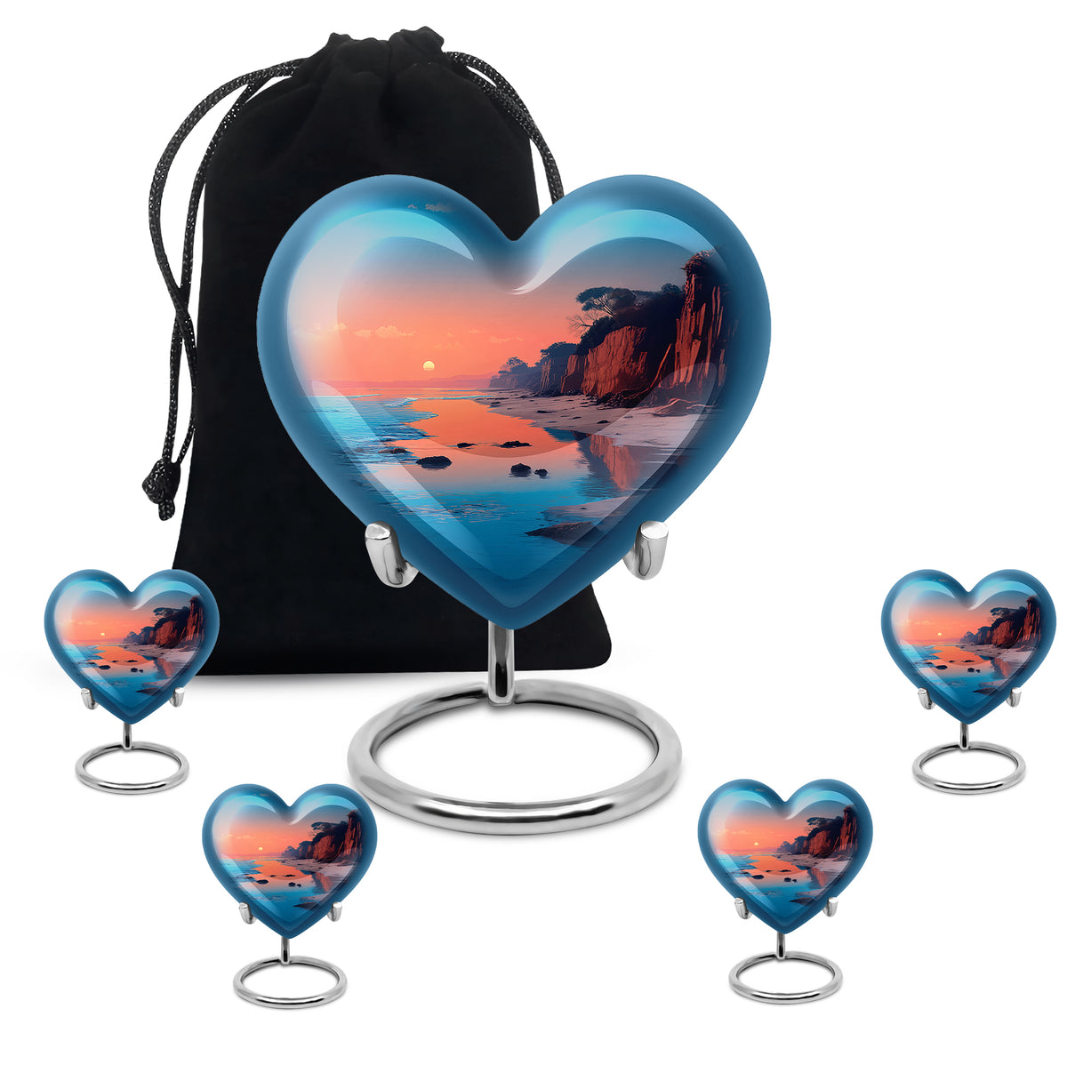 Deep Teal Beach Cremation Urn close-up of engraving and surface detail - romantic heart urn with beach motif on aluminum - memorial set with one large and four small urns