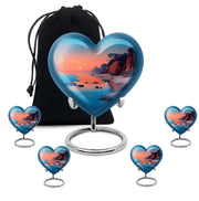 Deep Teal Beach Cremation Urn close-up of engraving and surface detail - romantic heart urn with beach motif on aluminum - memorial set with one large and four small urns