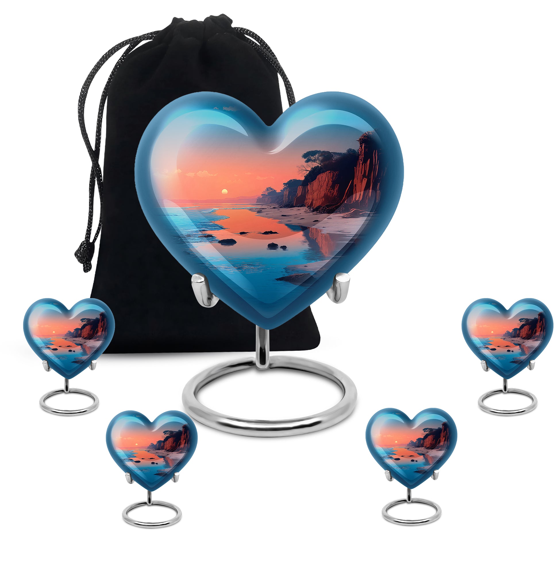 Deep Teal Beach Cremation Urn close-up of engraving and surface detail - romantic heart urn with beach motif on aluminum - memorial set with one large and four small urns
