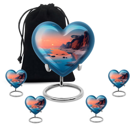 Deep Teal Beach Cremation Urn close-up of engraving and surface detail - romantic heart urn with beach motif on aluminum - memorial set with one large and four small urns