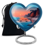 Aqua Teal Beach Cremation Urn detail view - romantic heart urn with beach motif on aluminum - full-size 10 inch 200 cubic inch adult cremation urn