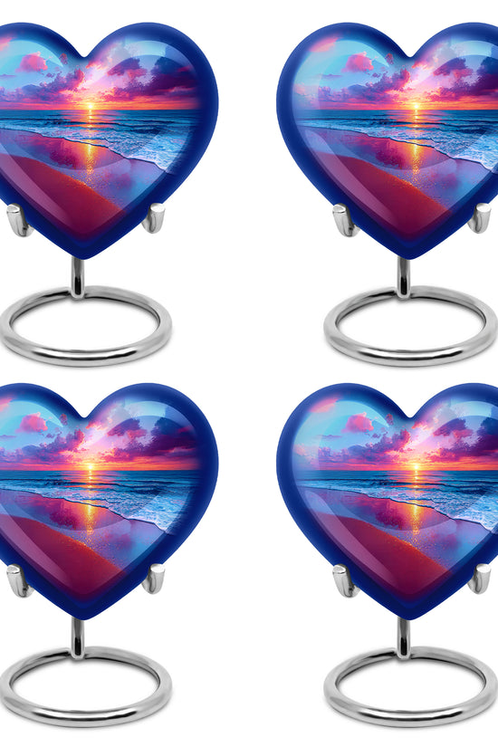 Vivid Blue Beach Cremation Urn angled view of lid and engraved motif - romantic heart urn with beach motif on aluminum - 10 inch aluminum urn for cremated remains