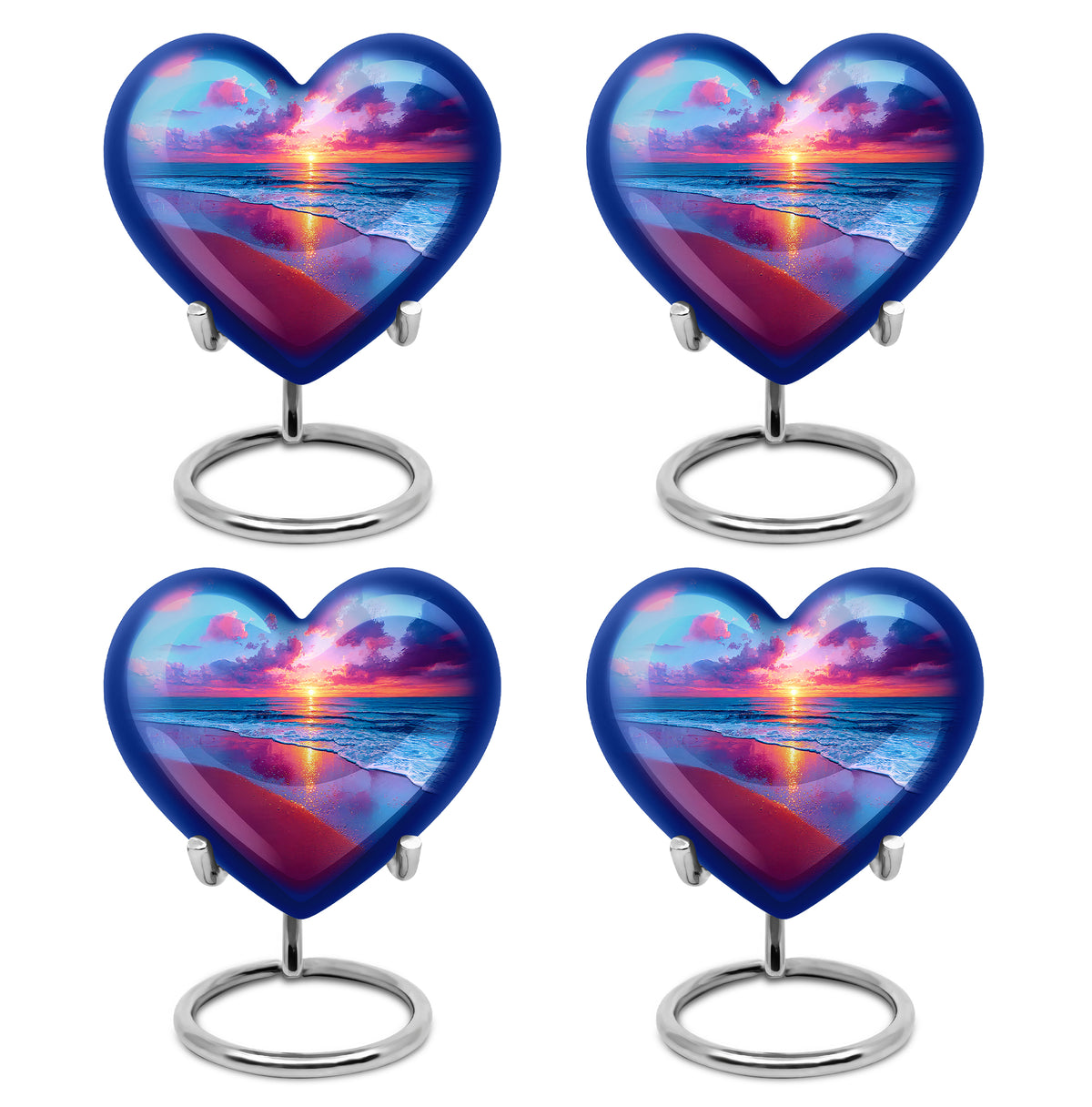 Vivid Blue Beach Cremation Urn angled view of lid and engraved motif - romantic heart urn with beach motif on aluminum - 10 inch aluminum urn for cremated remains