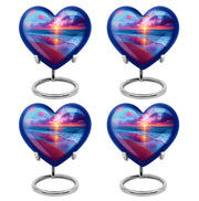 Vivid Blue Beach Cremation Urn angled view of lid and engraved motif - romantic heart urn with beach motif on aluminum - 10 inch aluminum urn for cremated remains