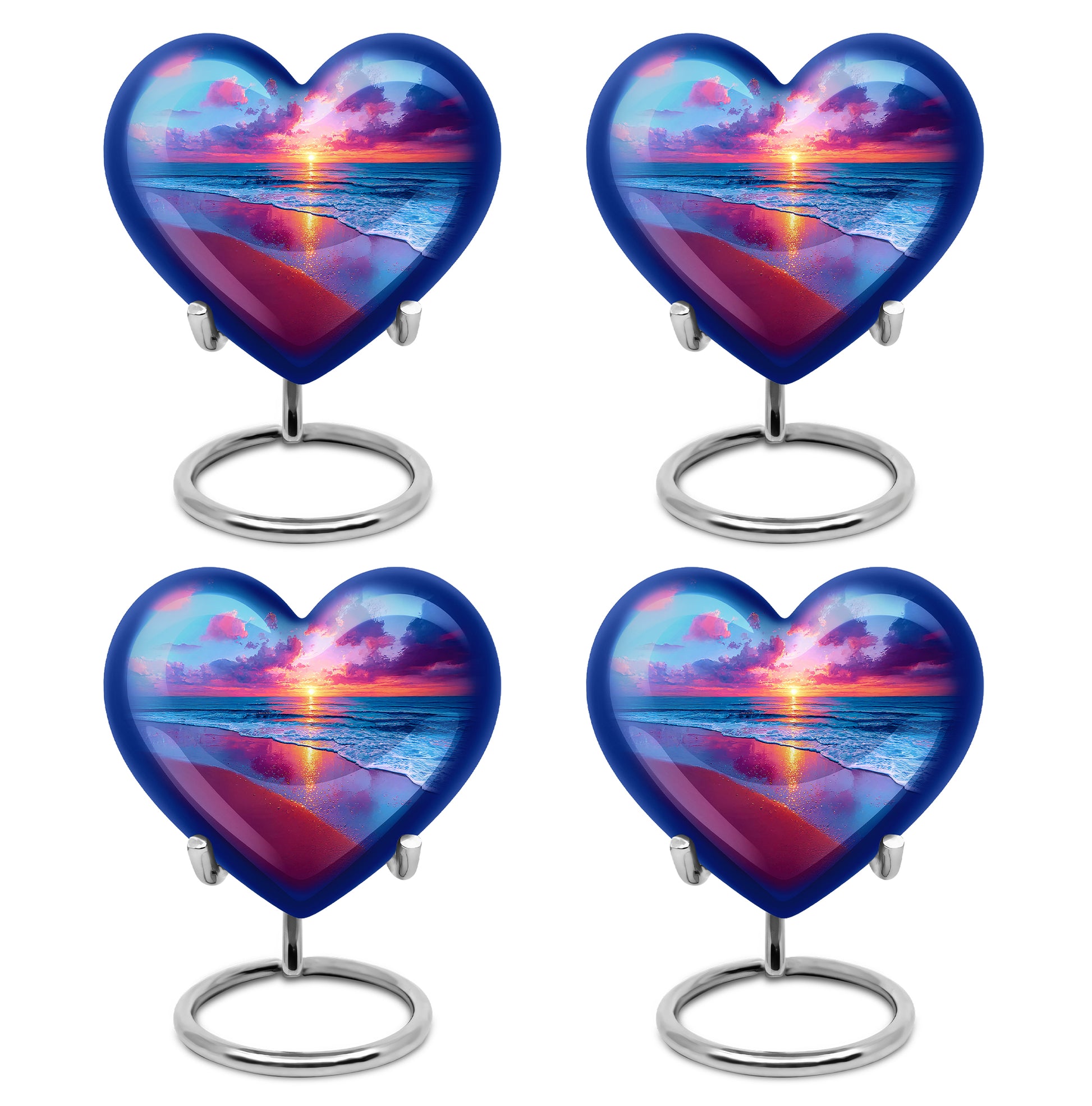 Vivid Blue Beach Cremation Urn angled view of lid and engraved motif - romantic heart urn with beach motif on aluminum - 10 inch aluminum urn for cremated remains