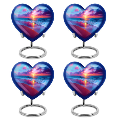 Vivid Blue Beach Cremation Urn angled view of lid and engraved motif - romantic heart urn with beach motif on aluminum - 10 inch aluminum urn for cremated remains